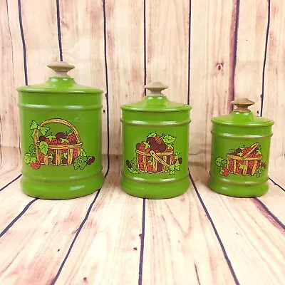 Vintage Kromex Nesting 3 Canister Set Avocado Green  Strawberries In Basket • $15