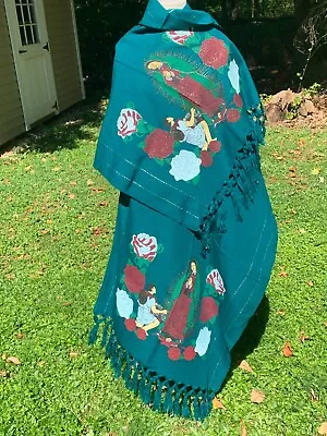 Screen Printed Virgen Mary Guadalupe Rebozo Wrap Shawl 84x28  Mexican Teal H93 • $25.90