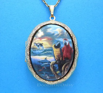 Porcelain Macaw PARROTS/ORCA WHALE/DOLPHINS CAMEO Locket Necklace Birthday Gift • $17.49