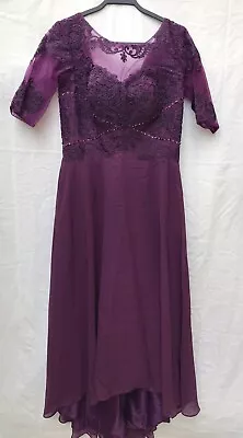 Formal Dress Wedding Guest Lace Appliques Half Sleeve Hi Low Sz 12 Plum • $9.99