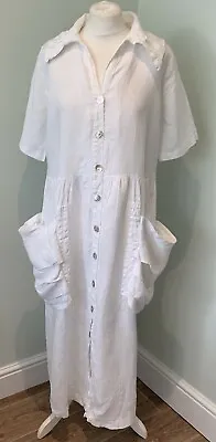 EDEN ROCK Italy Women's White 100% Linen Collar Long Lagenlook Shirt Dress M 12 • £29.99
