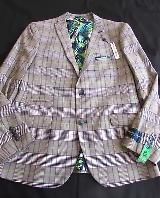 Paisley & Gray Mens Sport Jacket Blazer Slim Fit Plaid Brown/Lime Stretch Sz 44R • $59.99