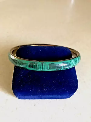 Vintage Green Malachite Inlay Rounded Brass Bangle Bracelet • $5.99