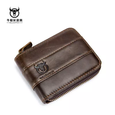 RFID BULLCAPTAIN Mens Genuine Leather Zipper Around Card Slots Coin Wallet Purse • £6.59