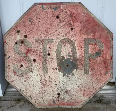 Vintage Distressed Metal Stop Sign With Bullet Holes 30  X 30  Decor Collectible • $198.90