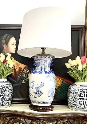 Lamp Blue & White Vintage Oriental Porcelain Hand Painted With Salamander Design • $425