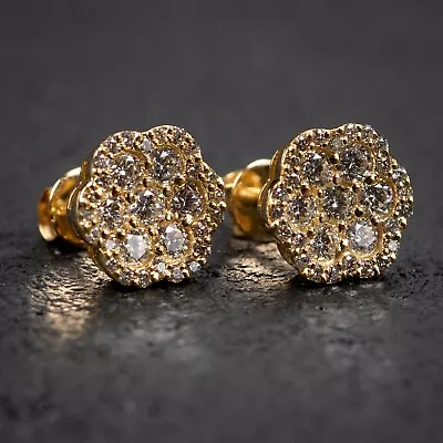 Men's Real 14K Yellow Gold Iced Natural Diamond Flower Cluster Stud Earrings • $640.99