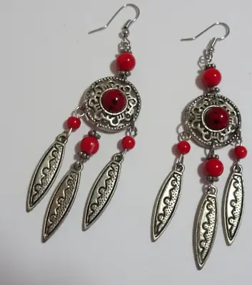 American Indian Style Earrings - Antique Silver / Red Beads Handmade • $12.99