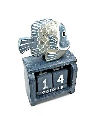 £8.99 • Buy Fish Perpetual Calendar, Shabby Chic In Blues, Wooden Handmade, Fish Lover Gift,