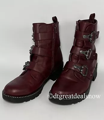 SO Ankle Boots Women Maroon Moto Biker Style Buckles Booties Size 7 • $13.99