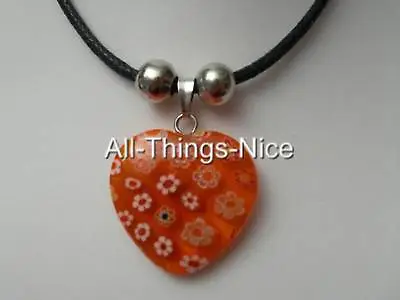 MILLEFIORI Murano Glass 20mm Flower HEART Orange Mix Pendant Necklace Jewellery • £2