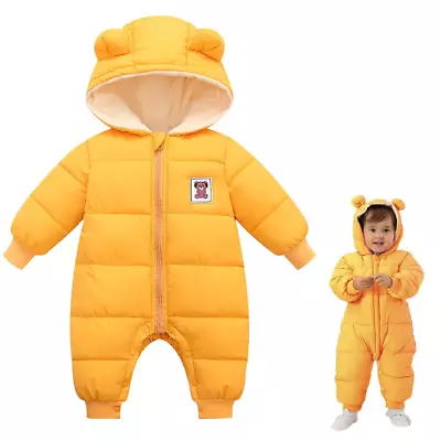 Baby Girls Boys Warm Hooded Snowsuit Jumpsuit Down Coat Romper Yellow 9-12 Month • £12