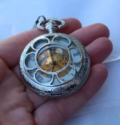 RARE Vintage Skeleton Fancy Pocket Watch & Chain See Through Collectible LOOK NR • $2.99