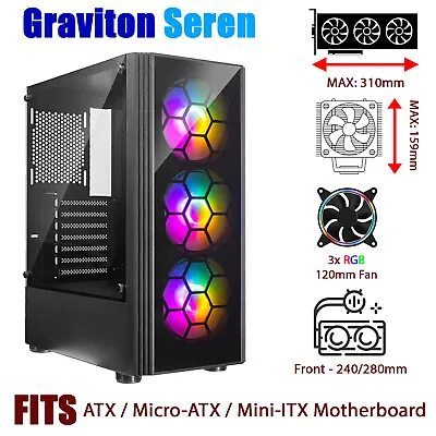 $85 • Buy PC Gaming Case Chassis Tempered Glass RGB Fan Computer ATX Mid-Tower W/ 3x Fan