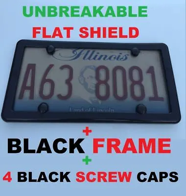 $10.95 • Buy Unbreakable Flat Tinted Smoke License Plate Shield Cover + Black Frame + 4 Caps