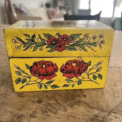 Vintage Syndicate MFG CO USA Recipe Box Tin Yellow Red Floral • $8.99