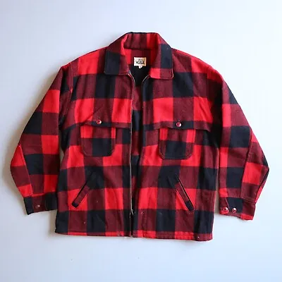 Vintage Wool Shirt Jacket Zip Woolrich Red Buffalo Plaid Shacket Mens 46 Hunting • $125