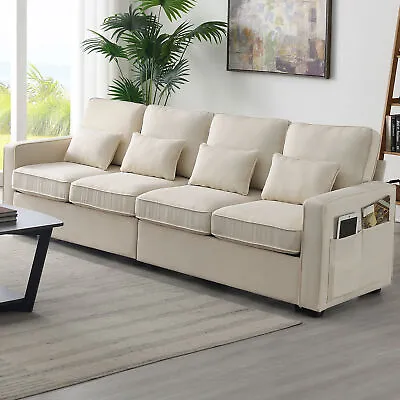 104  4-Seater Modern Linen Fabric Sofa With Armrest Pockets And 4 Pillows • $568