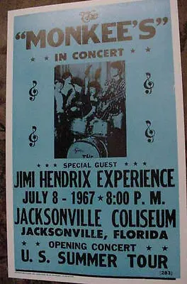 $89.99 • Buy VINTAGE THE MONKEES JIMI HENDRIX 1967 CONCERT POSTER 60s Tour JACKSONVILLE FLA. 