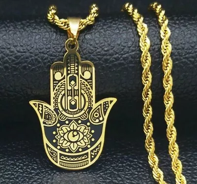 Hamsa Hand  Chain Necklace Pendant Jewelry Mandala Talisman Stainless Steel • $11.89