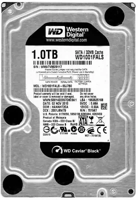 Hard Drive Western Digital Black 1TB WD1001FALS 7200U/Min 32MB SATA II • $144.84