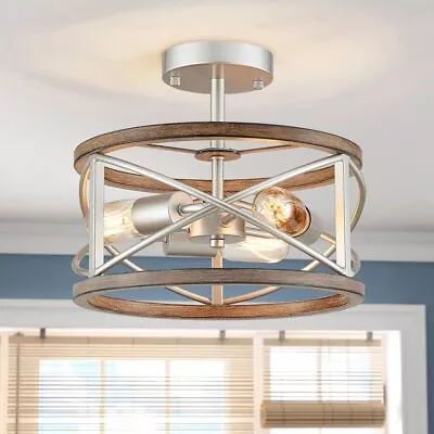 Chandelier 3-Light Vintage Farmhouse Industrial Imitation Wood Grain Semi-Flu... • $85.70