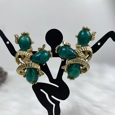 Vintage Signed Marvella Green Cab Gold Tone Clip-On Earrings • $34