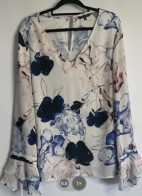 Portmans Lined V Neck Blue  Floral Long Sleeve Top Blouse Shirt Size 16 Womens • $5