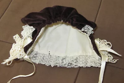 Vintage Doll Bonnet Hat Brown / Dark Burgundy Velvet With Lace And Lined • $16.98
