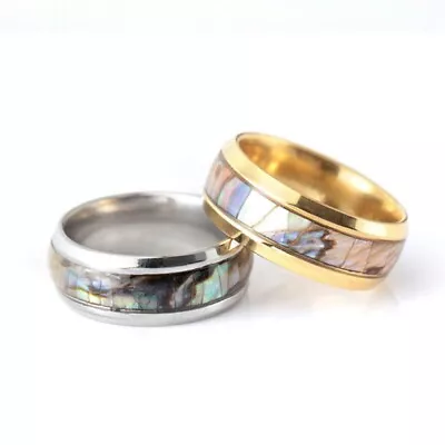 Shell Inlay Jewelry Ring Mens Wedding Band Womens Stainless Steel Abalone Party • $6.13