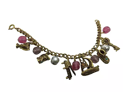 VINTAGE ETRUSCAN GOLD TONE PEARL W/PINK STONE CHARM FIGURAL BRACELET 7.5” • $39