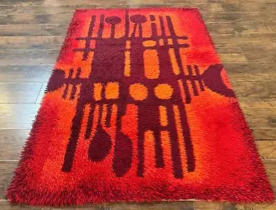 Danish Rya Shag Rug 4x6 Red Vintage Mid Century Retro Abstract Shag Rug • $1560