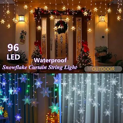 $10.99 • Buy 96LED Snowflake Fairy String Lights Curtain Window 8Modes Party Decor Waterproof