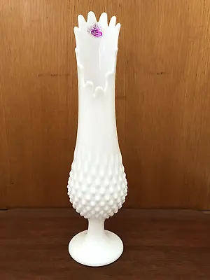 Vintage 60s FENTON Milk ART Glass SWUNG VASE Hobnail MCM Stretch PEDESTAL BASE • $65