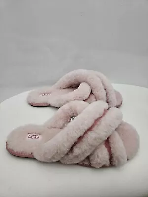 Ugg Scuffita Slipper Women Pink Wool Suede Criss Cross Warm Cozy Fluff Size 8 • $49