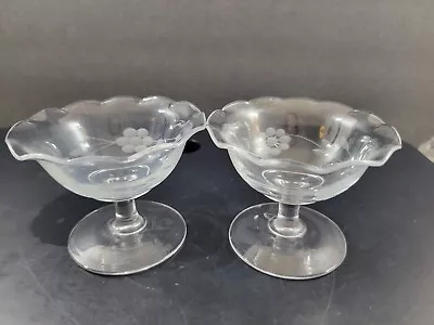 Set Of 2 Vintage Etched Floral Glass Low Sherbet Dishes Ruffled Rim 3  Tall • $18.98