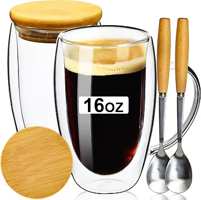 PARACITY Double Wall Glass Coffee Mugs 16OZ With Bamboo Lid/Spoon Glass Coffee • $23.70
