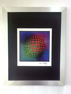 VICTOR VASARELY + SIGNED GEOMETRIC ABSTRACT PRINT FROM 1970 + NEW FRAME 14x11in. • $149