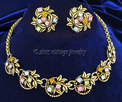 Vintage 1950s Colorful Pastel Rhinestone Gold Tone Floral Leaf NECKLACE Earrings • $5.99