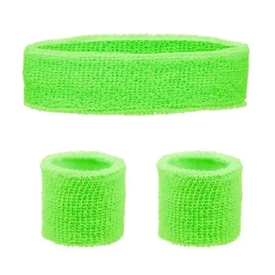 GREEN Neon Sweatbands Wristbands Headband Bright Wrist Bands Fancy Dress 80s 90s • £2.25