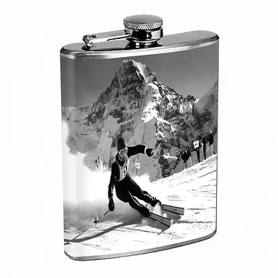 Vintage Skiing Skier Skis D30 Flask 8oz Stainless Steel Hip Drinking Whiskey B&W • $14.95