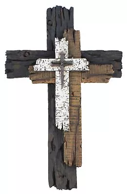 Top Brass Decorative Wall Cross - Rustic Multi Layered Weathered Wood Look Sp... • $35.29