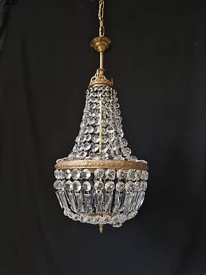 Beautiful Vintage Brass & Crystals French Empire Chandelier Ceiling Lamp Light • $315