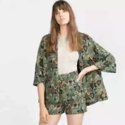 Zara Open Front Jacket Jacquard Green Multicolored Size Large • $58.80