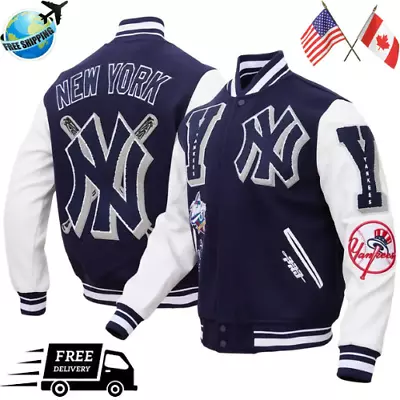 Mash Up New York NY Yankees Varsity Navy Blue White Full-Zip Wool/Leather Jacket • $136.99