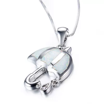  Silver Necklace White Simulated Opal Umbrella Pendant Xmas Birthday Jewelry • $0.36