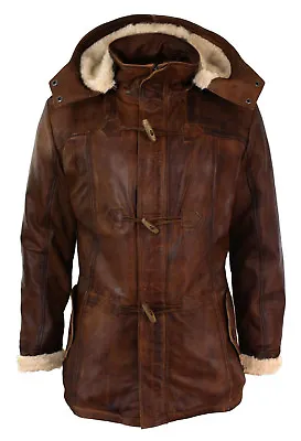 Men's Brown Duffle Over Coat Trench Hooded Long Genuine Sheepskin Leather Jacket • $160.30