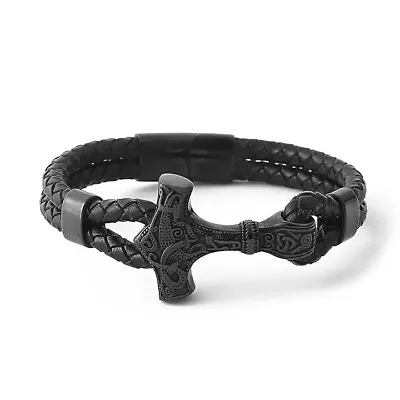 Men's Viking Thor Hammer Mjolnir Bracelet Real Leather Cuff Bangle  Bracele • $9.99
