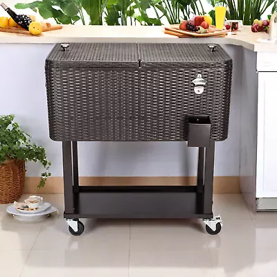 80QT Rattan Rolling Freezer Cooler Cart Portable Wicker Freezer Incubator Cart • $171.95