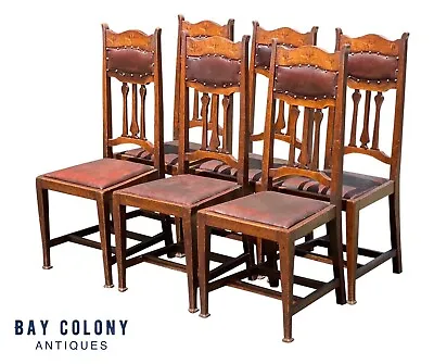 Set Of Six Arts & Crafts Mission Oak Dining Chairs With Tulip Inlaid Crest Rails • $4800